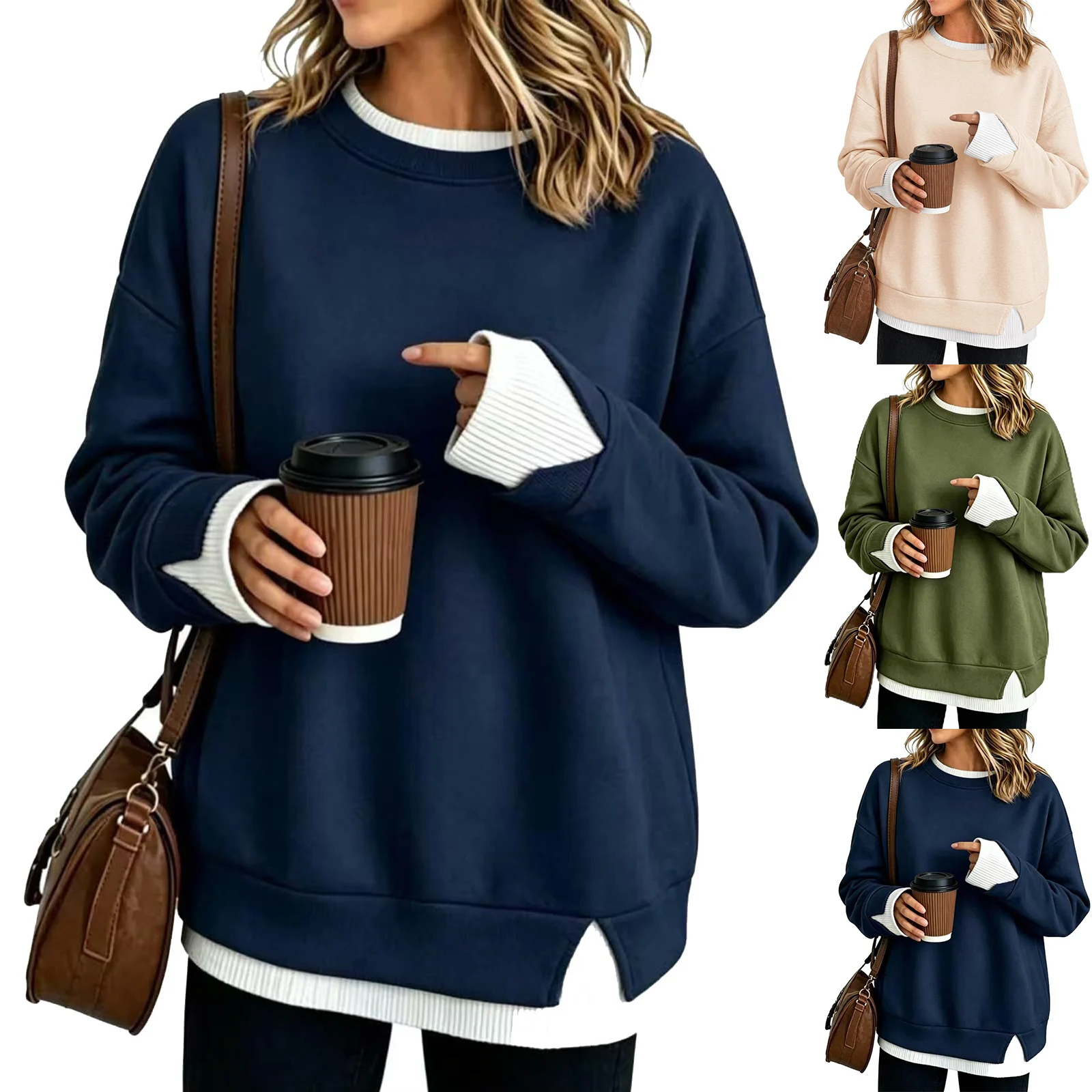 Fake Two-Piece Women Sweatshirts With Side Slit Solid Color Long Sleeve Oversize Sweatshirts Autumn Casual Round Neck Pullover