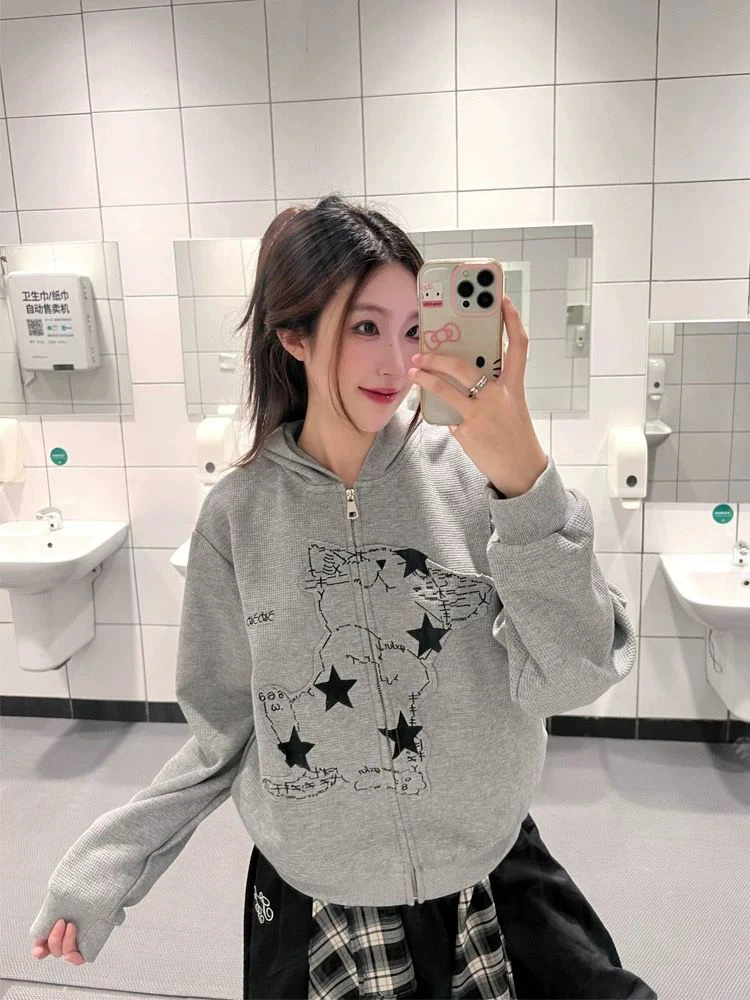 Aoaiiys Cat Print Hoodies Women Coat Y2k Zipper Streetwear Sweatshirt Pockets with Ears Hoodies Autumn Winter Loose Sweatshirts