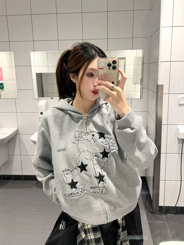 Aoaiiys Cat Print Hoodies Women Coat Y2k Zipper Streetwear Sweatshirt Pockets with Ears Hoodies Autumn Winter Loose Sweatshirts