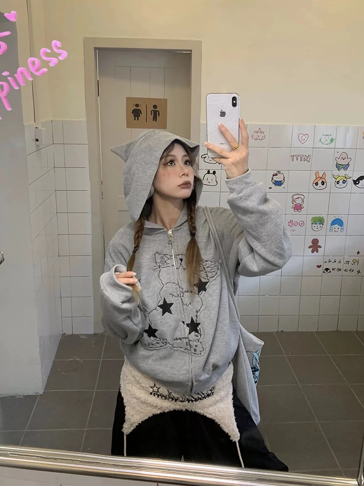 Aoaiiys Cat Print Hoodies Women Coat Y2k Zipper Streetwear Sweatshirt Pockets with Ears Hoodies Autumn Winter Loose Sweatshirts