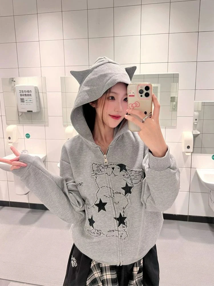 Aoaiiys Cat Print Hoodies Women Coat Y2k Zipper Streetwear Sweatshirt Pockets with Ears Hoodies Autumn Winter Loose Sweatshirts