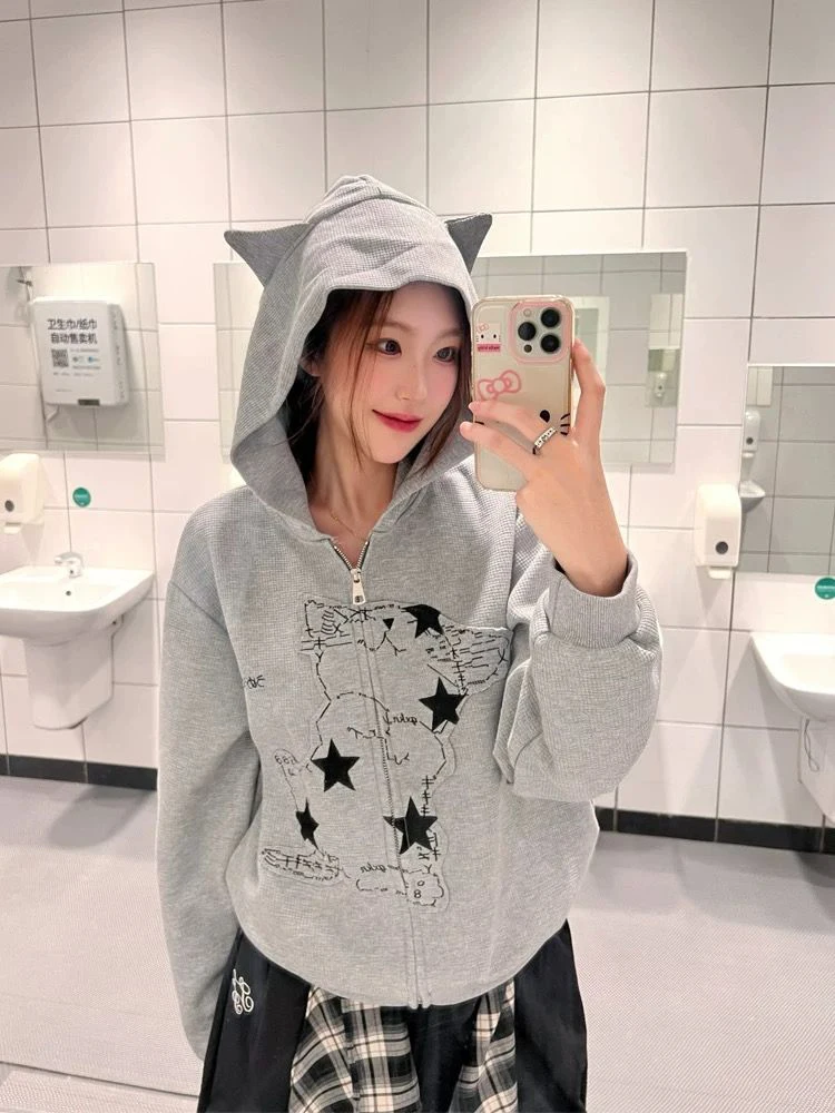 Aoaiiys Cat Print Hoodies Women Coat Y2k Zipper Streetwear Sweatshirt Pockets with Ears Hoodies Autumn Winter Loose Sweatshirts