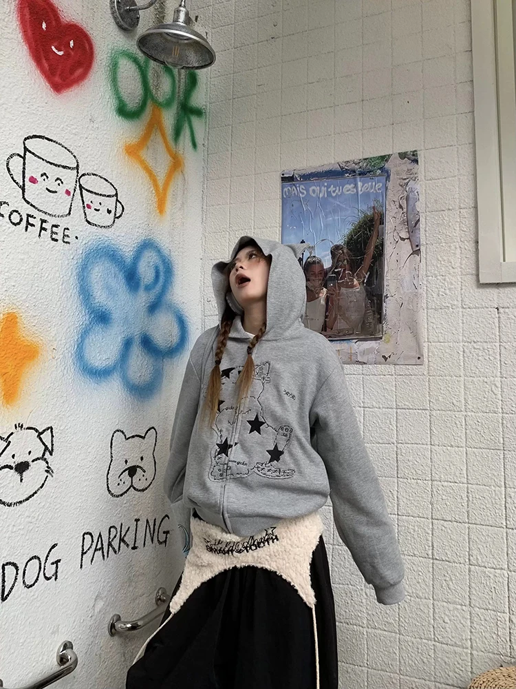 Aoaiiys Cat Print Hoodies Women Coat Y2k Zipper Streetwear Sweatshirt Pockets with Ears Hoodies Autumn Winter Loose Sweatshirts
