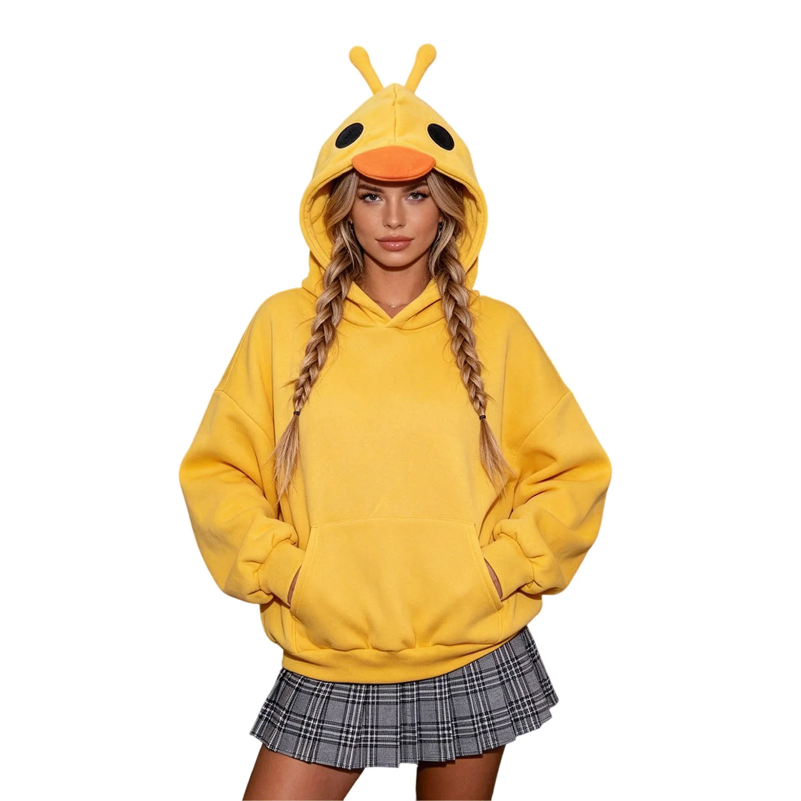 Cute Cartoon Yellow Duck Hooded Sweatshirts Women Kawaii Long Sleeve Oversize Hoodies With Pockets Harajuku Y2k Tops Pullover