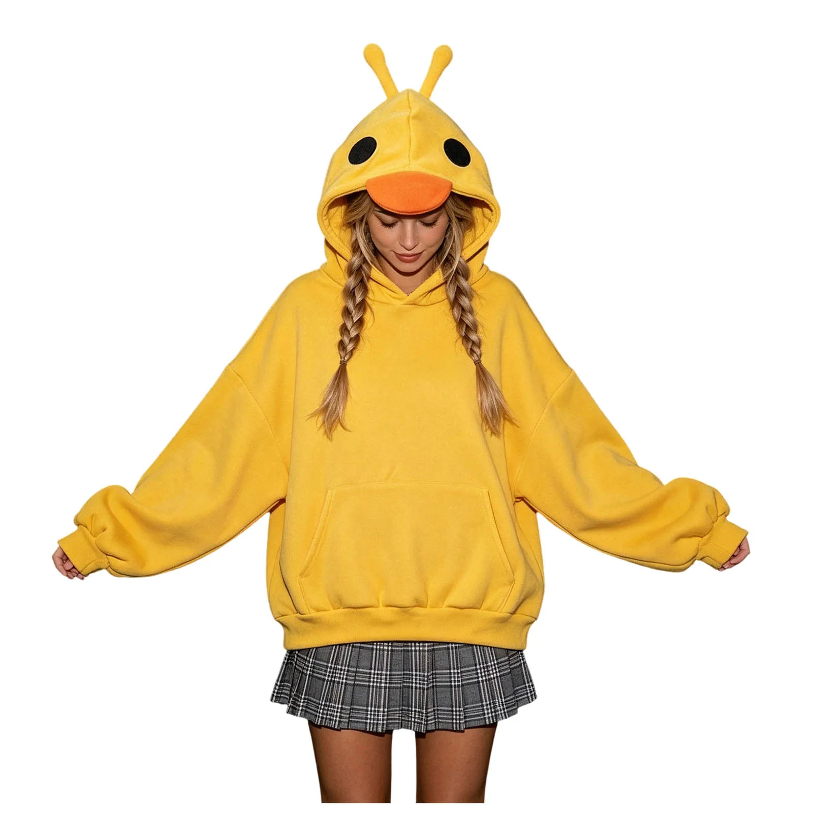 Cute Cartoon Yellow Duck Hooded Sweatshirts Women Kawaii Long Sleeve Oversize Hoodies With Pockets Harajuku Y2k Tops Pullover