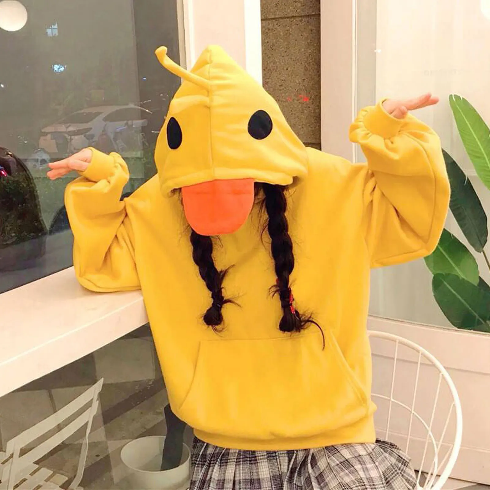 Cute Cartoon Yellow Duck Hooded Sweatshirts Women Kawaii Long Sleeve Oversize Hoodies With Pockets Harajuku Y2k Tops Pullover