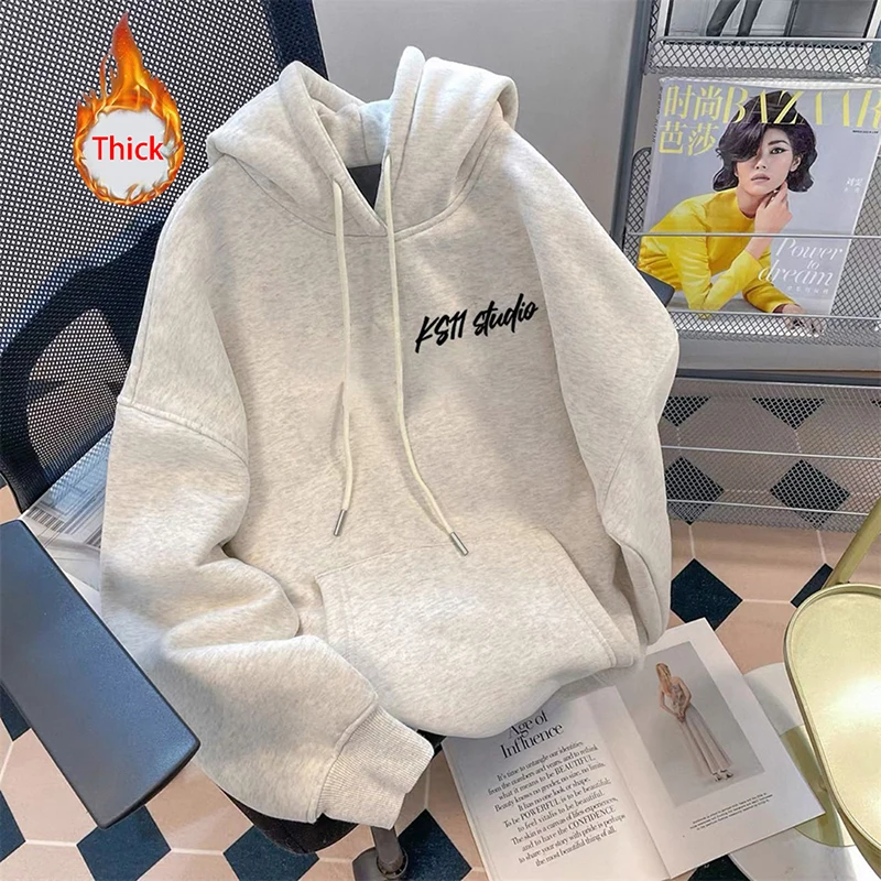 Thick Kawaii Hoodies Women Fashion Cartoon Warm Preppy Style Cute Pullover Fall Winter Female Long Sleeve Chic Casual Ins Tops