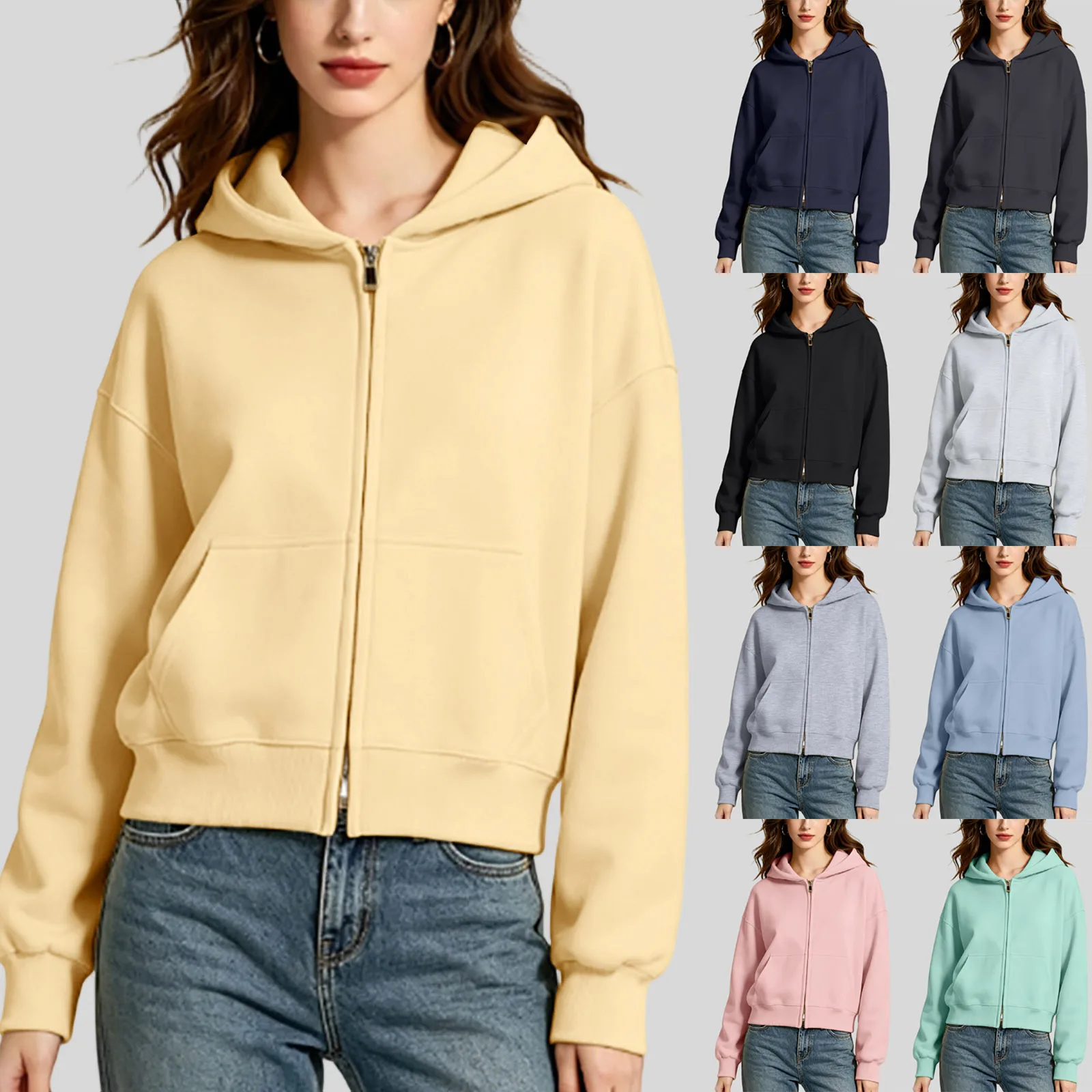 Oversize Women Zip Up Hoodies Casual Solid Hooded Sweatshirt With Pockets Spring Autumn Loose Hoodie Jacket Coat Streetwear
