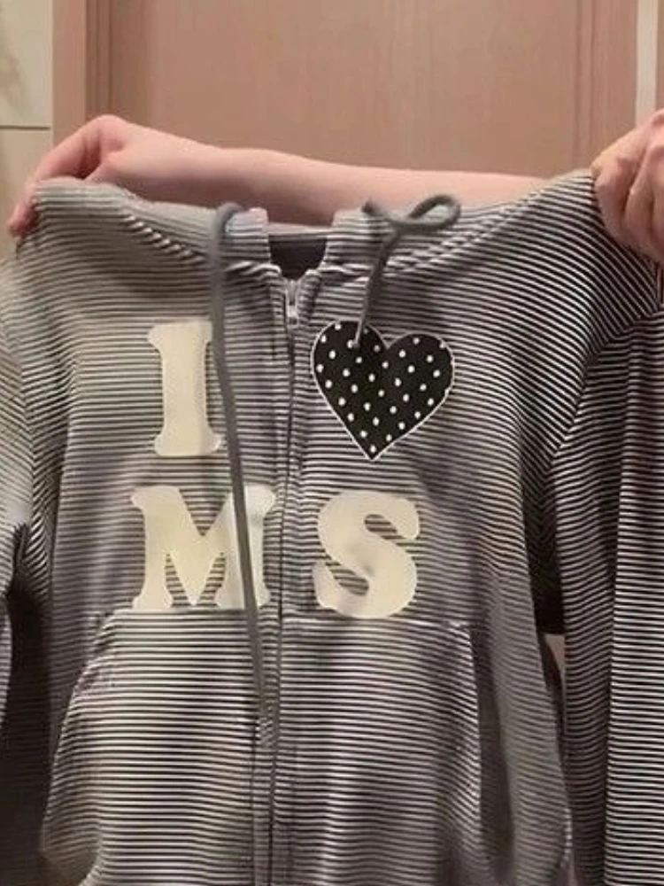 American Vintage Letter Heart Print Striped Hooded Sweatshirt Women Spring Autumn Loose Korean Style Chic Cropped Jacket New