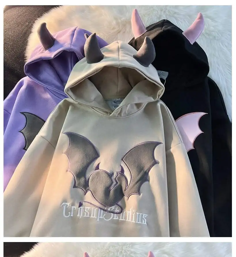 High Quality Embroidery Bat Hip Hop Graphic Hoodie Men Women Oversized Sweatshirt Couples Korean Style Winter Tops Loose Casual
