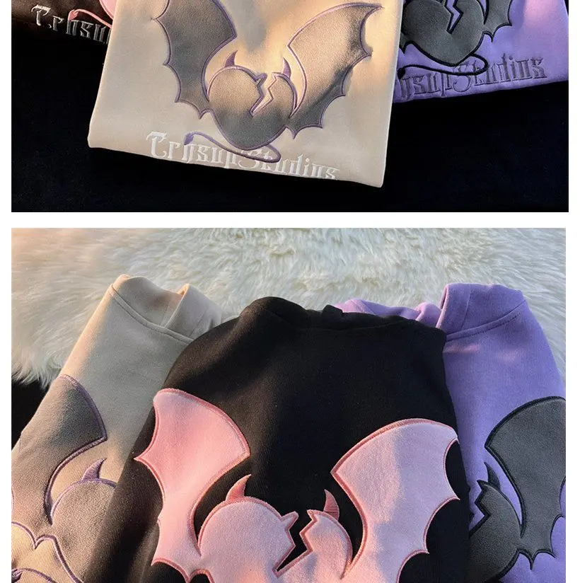 High Quality Embroidery Bat Hip Hop Graphic Hoodie Men Women Oversized Sweatshirt Couples Korean Style Winter Tops Loose Casual