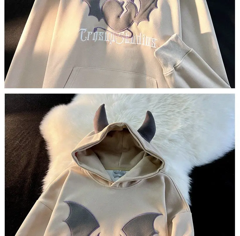 High Quality Embroidery Bat Hip Hop Graphic Hoodie Men Women Oversized Sweatshirt Couples Korean Style Winter Tops Loose Casual
