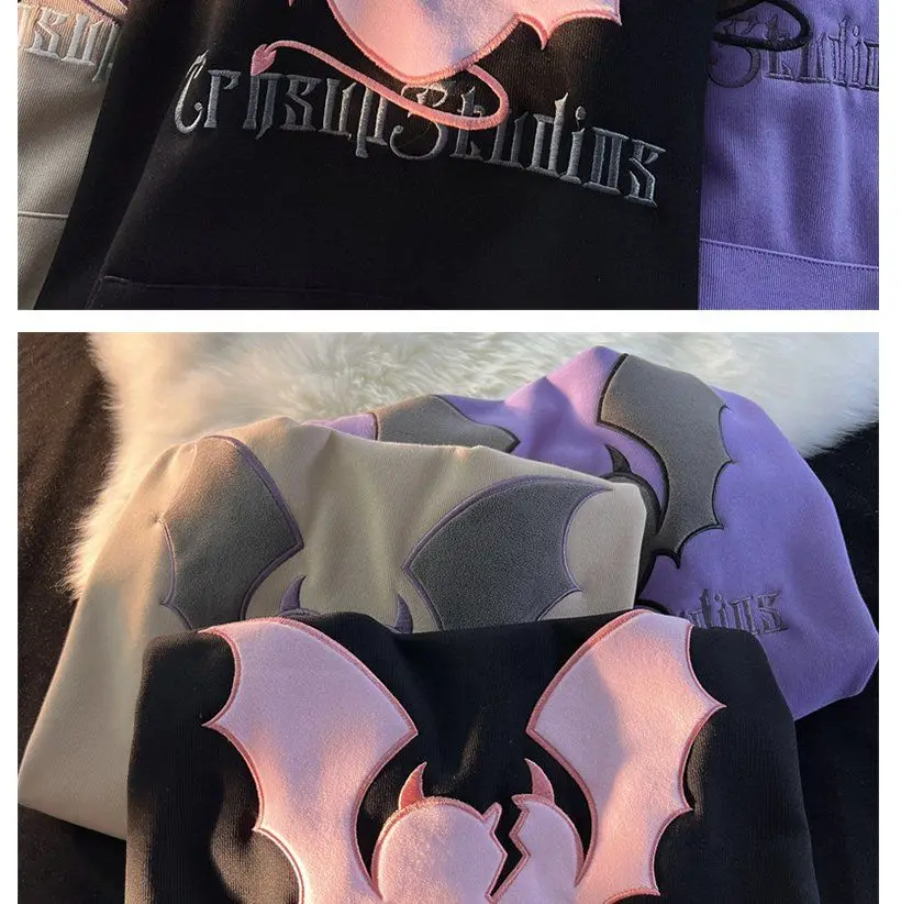 High Quality Embroidery Bat Hip Hop Graphic Hoodie Men Women Oversized Sweatshirt Couples Korean Style Winter Tops Loose Casual