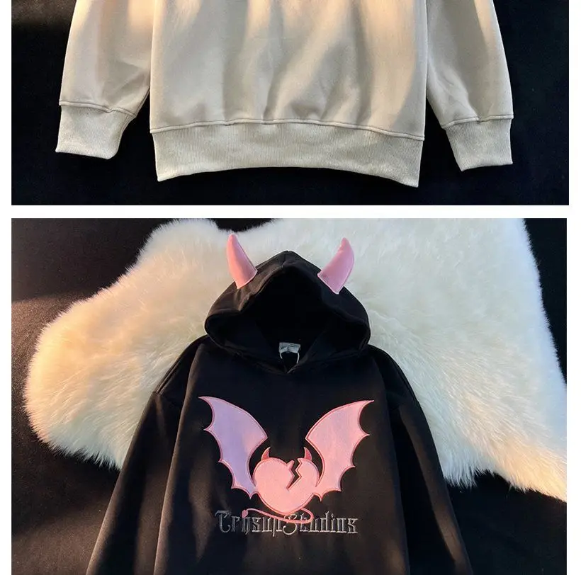 High Quality Embroidery Bat Hip Hop Graphic Hoodie Men Women Oversized Sweatshirt Couples Korean Style Winter Tops Loose Casual