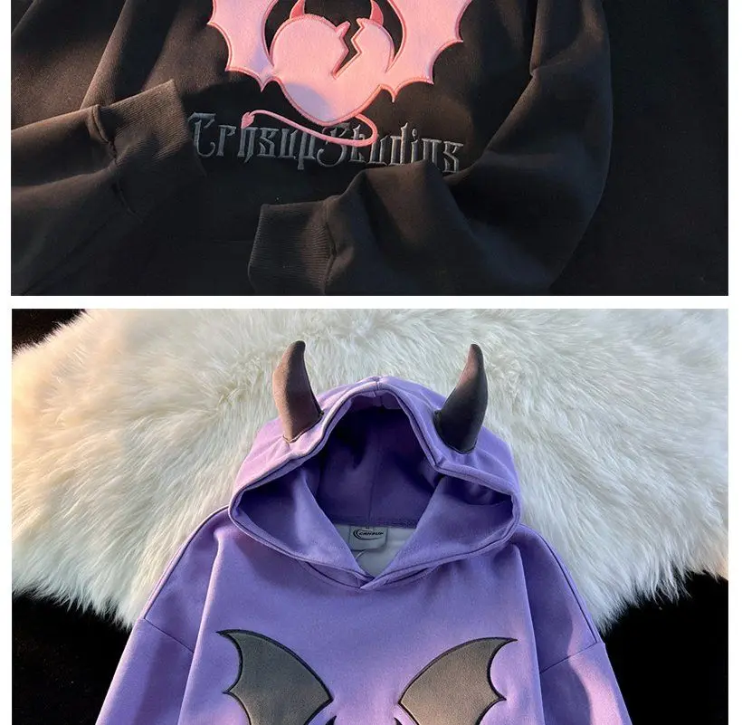 High Quality Embroidery Bat Hip Hop Graphic Hoodie Men Women Oversized Sweatshirt Couples Korean Style Winter Tops Loose Casual