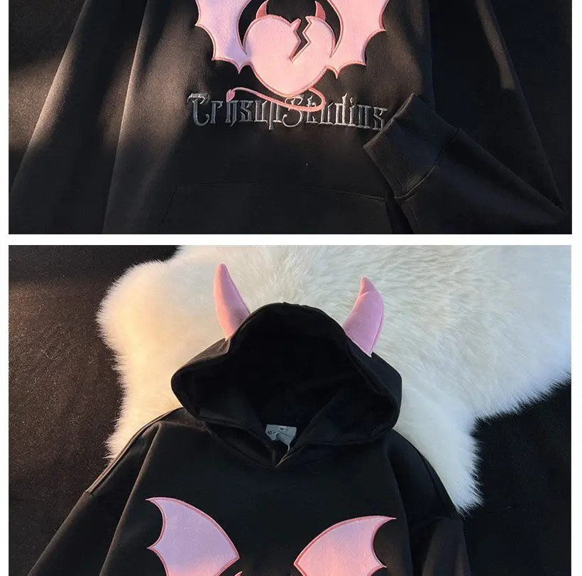 High Quality Embroidery Bat Hip Hop Graphic Hoodie Men Women Oversized Sweatshirt Couples Korean Style Winter Tops Loose Casual