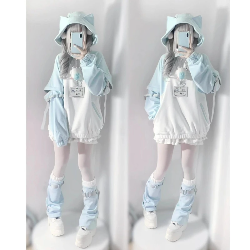 Y2k Subculture Long Sleeve Hoodie Women Casual Sweet Cat Ears Sweatshirt Patchwork Solid Kawaii Zipper Punk Style 2025 Autumn