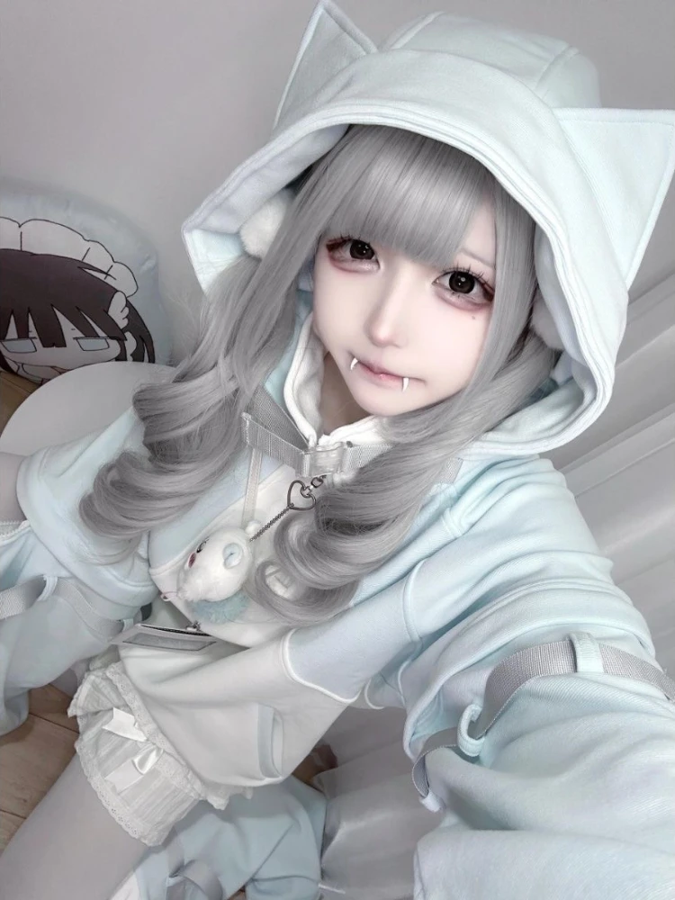 Y2k Subculture Long Sleeve Hoodie Women Casual Sweet Cat Ears Sweatshirt Patchwork Solid Kawaii Zipper Punk Style 2025 Autumn