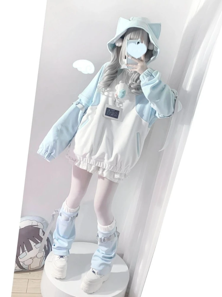 Y2k Subculture Long Sleeve Hoodie Women Casual Sweet Cat Ears Sweatshirt Patchwork Solid Kawaii Zipper Punk Style 2025 Autumn