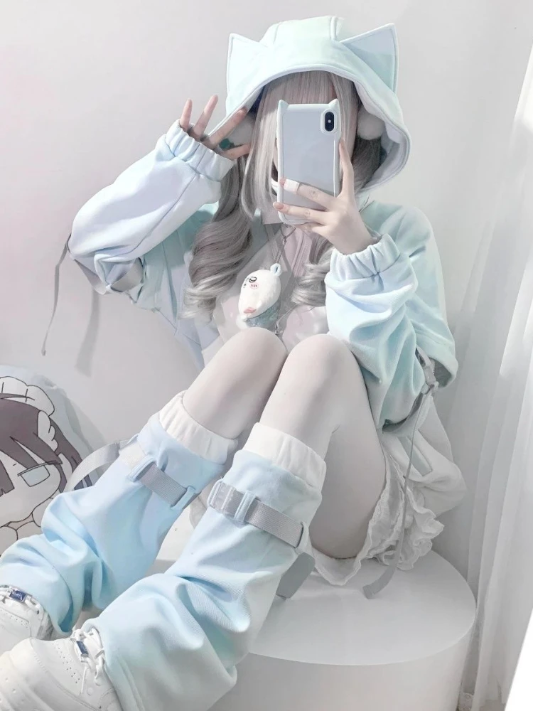Y2k Subculture Long Sleeve Hoodie Women Casual Sweet Cat Ears Sweatshirt Patchwork Solid Kawaii Zipper Punk Style 2025 Autumn