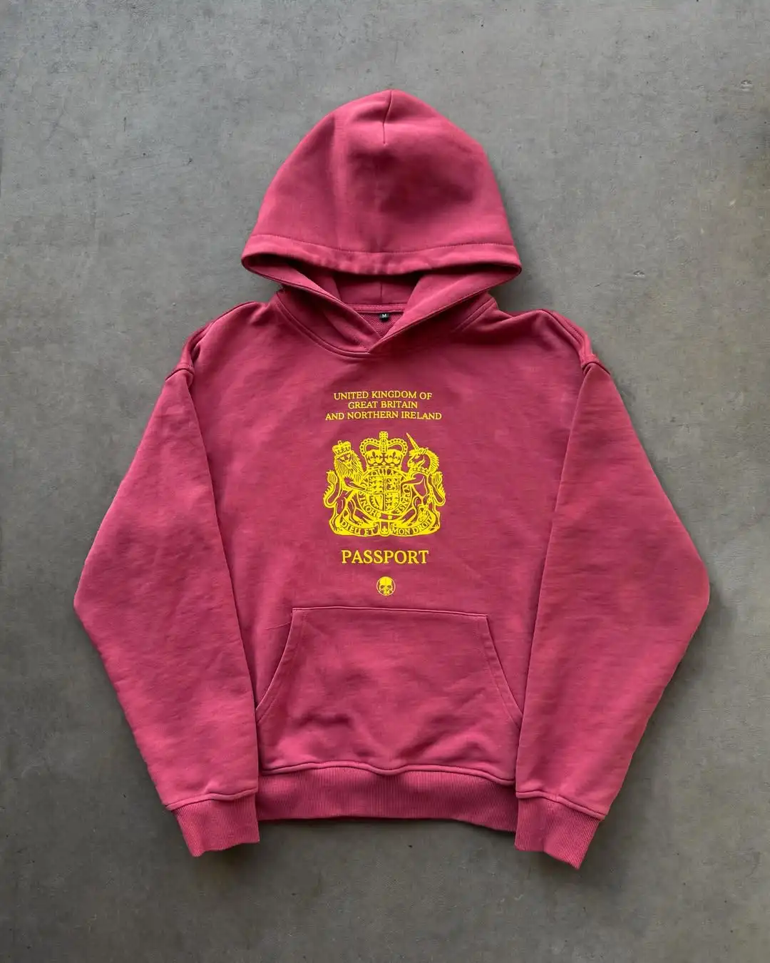 Women Wine Red Hoodie Long Sleeve Loose UK Passport Royal Crest Skull Print Casual Streetwear Vintage Kangaroo Pocket Daily Wear