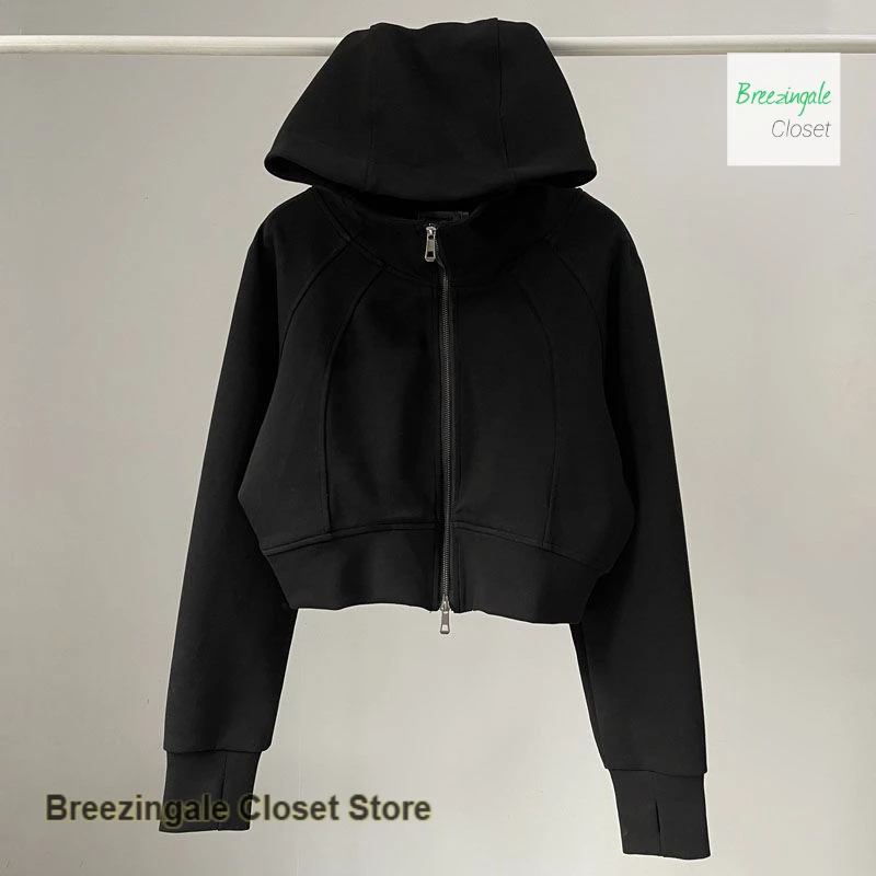 American spice girls fashionable air layer sports sweater women spring and autumn loose cardigan hooded solid color short coat