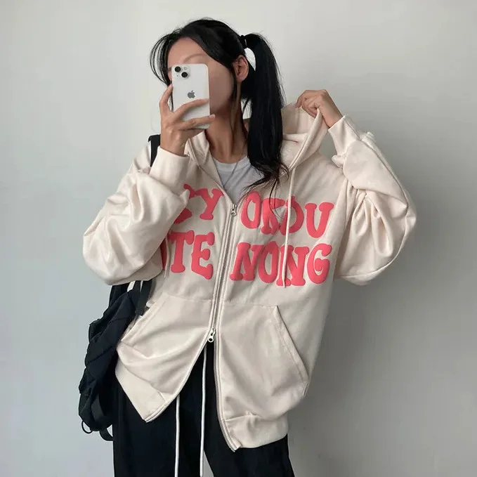 Women Sweatshirt Hoodie Clothes Y2k 2025 Fall New Hoodies Women High Street Harajuku Retro Hip Hop Zip Up Hoodie Loose Hoodie