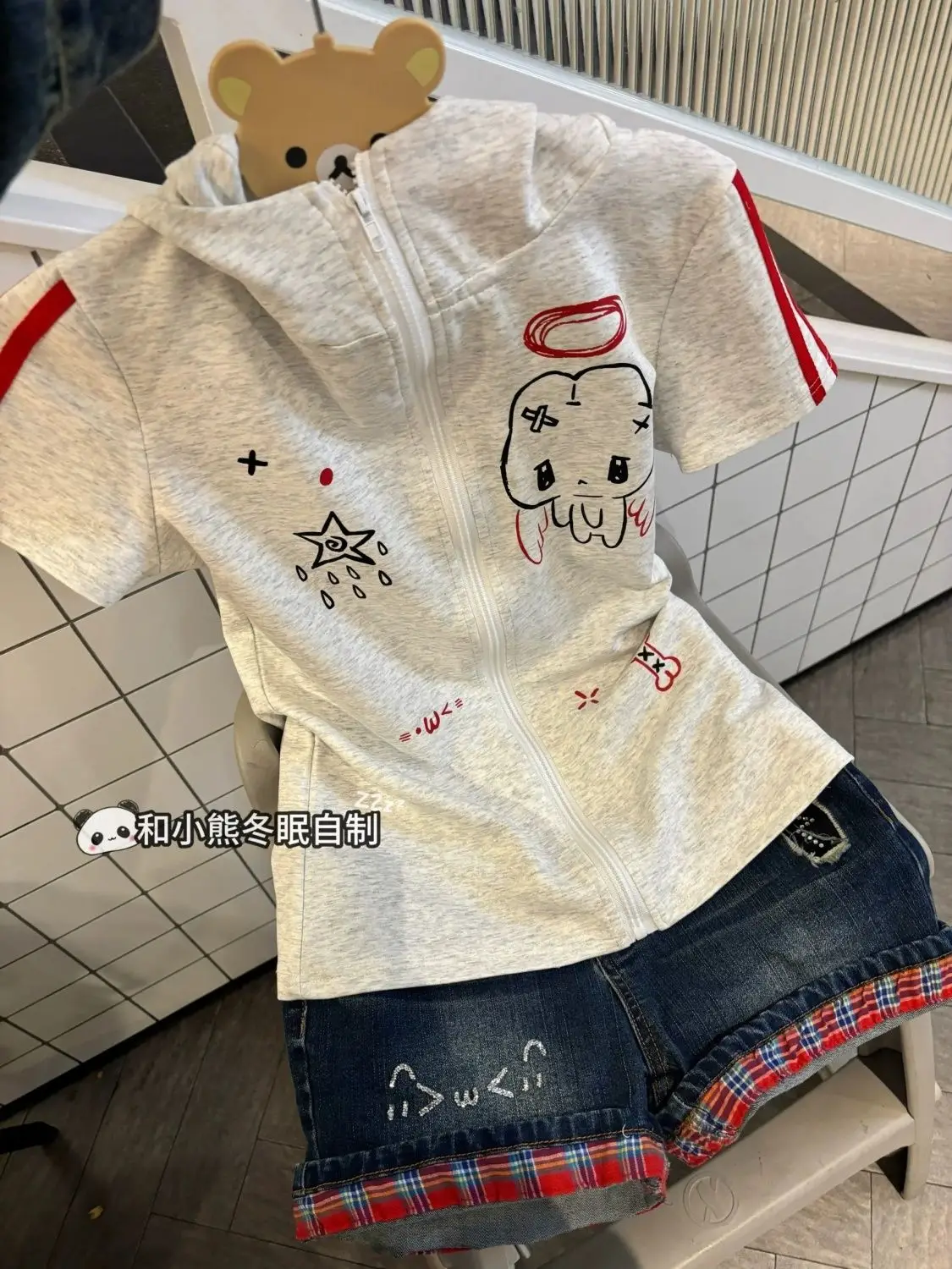 Xgoth Cute Girl Slim Fit Japanese Rabbit Ear Hooded Short Sleeve Zipper Jacket for Women Summer y2k Gray Hoodies Women Tops