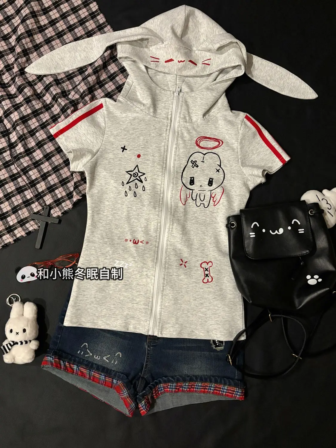 Xgoth Cute Girl Slim Fit Japanese Rabbit Ear Hooded Short Sleeve Zipper Jacket for Women Summer y2k Gray Hoodies Women Tops