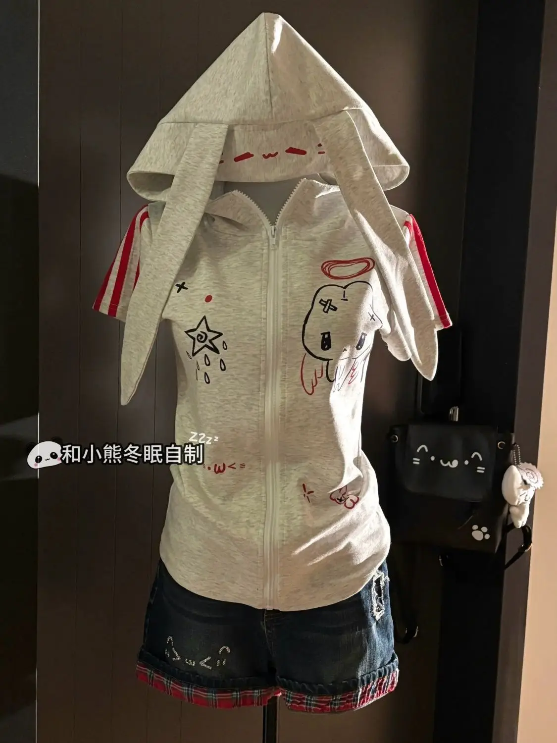 Xgoth Cute Girl Slim Fit Japanese Rabbit Ear Hooded Short Sleeve Zipper Jacket for Women Summer y2k Gray Hoodies Women Tops