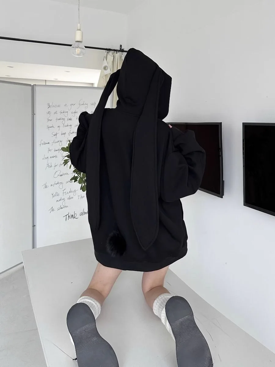 Trendy Purple Rabbit Girl Ear Hooded Sweater with Long Ears for Women Oversize Hoodie Loose Zipper Cardigan Coat Clothes White