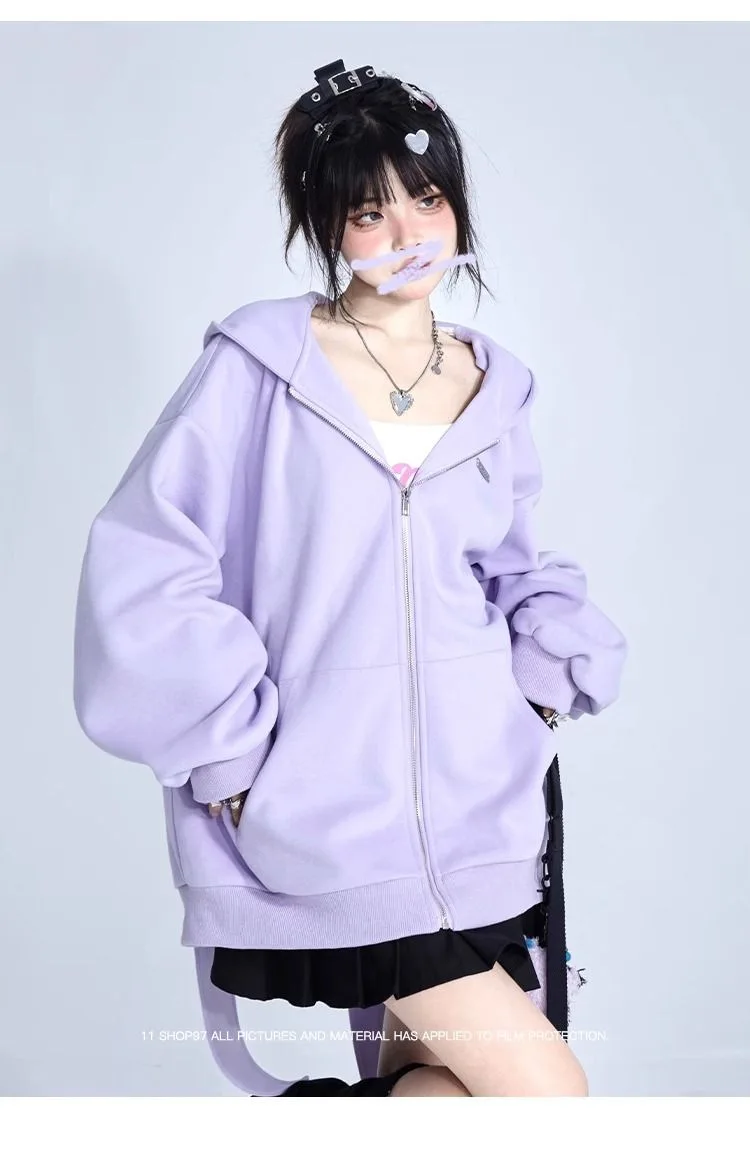 Trendy Purple Rabbit Girl Ear Hooded Sweater with Long Ears for Women Oversize Hoodie Loose Zipper Cardigan Coat Clothes White