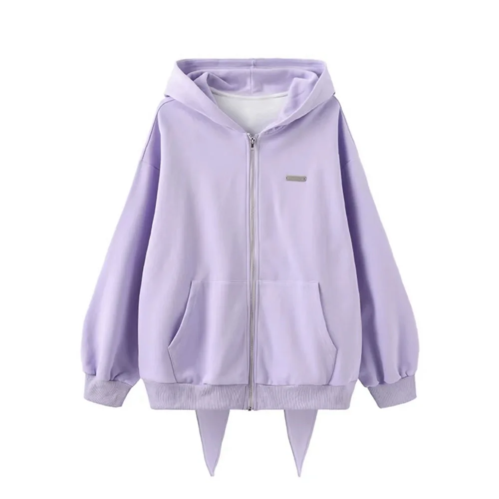 Trendy Purple Rabbit Girl Ear Hooded Sweater with Long Ears for Women Oversize Hoodie Loose Zipper Cardigan Coat Clothes White