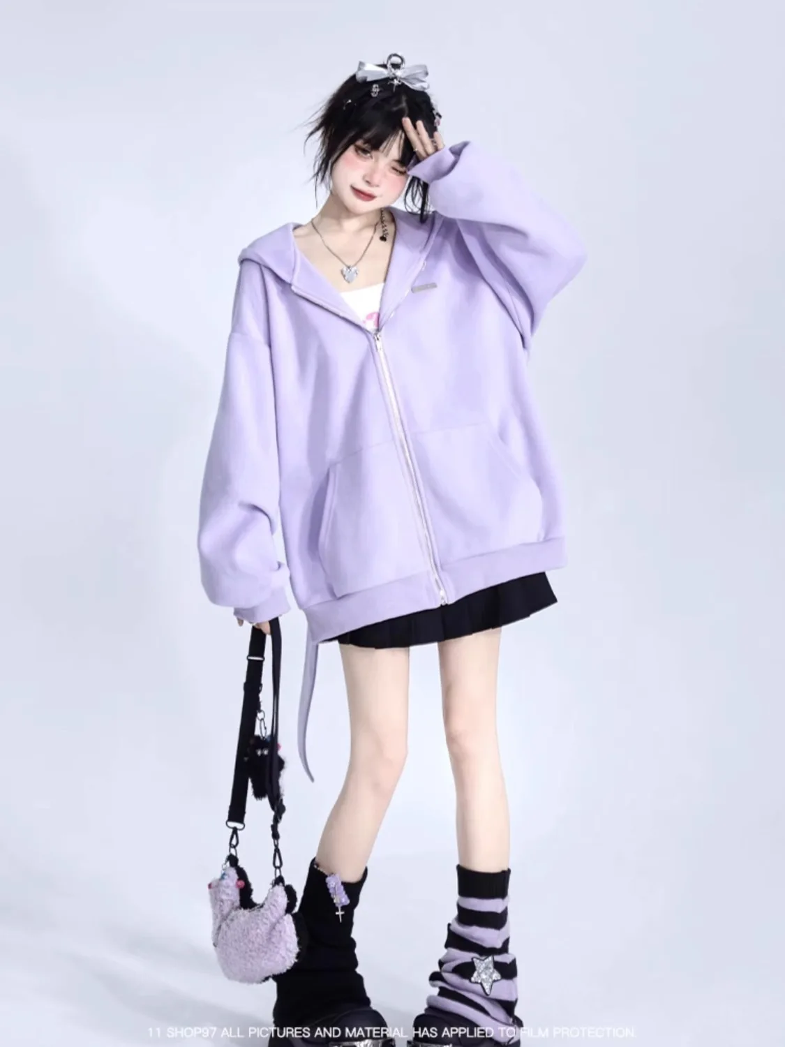 Trendy Purple Rabbit Girl Ear Hooded Sweater with Long Ears for Women Oversize Hoodie Loose Zipper Cardigan Coat Clothes White
