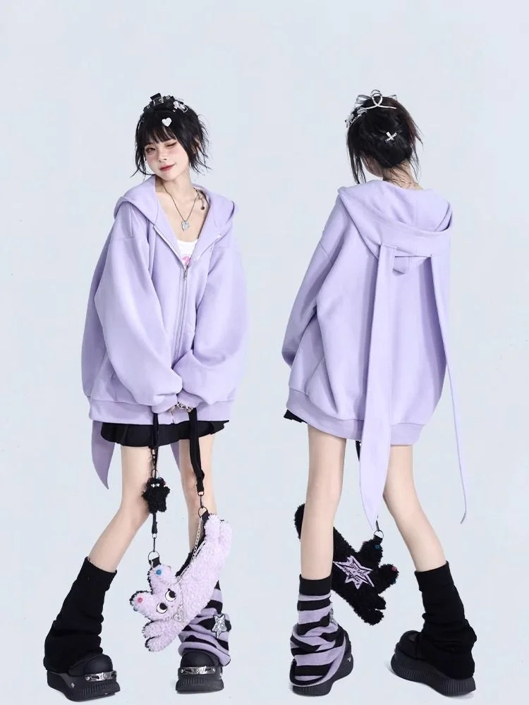 Trendy Purple Rabbit Girl Ear Hooded Sweater with Long Ears for Women Oversize Hoodie Loose Zipper Cardigan Coat Clothes White