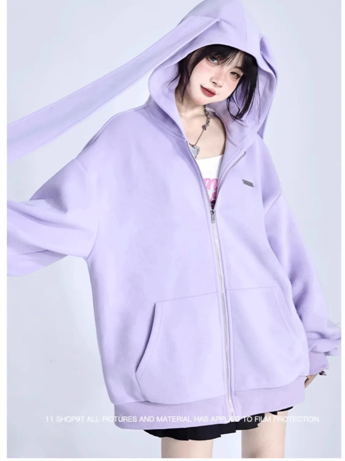 Trendy Purple Rabbit Girl Ear Hooded Sweater with Long Ears for Women Oversize Hoodie Loose Zipper Cardigan Coat Clothes White