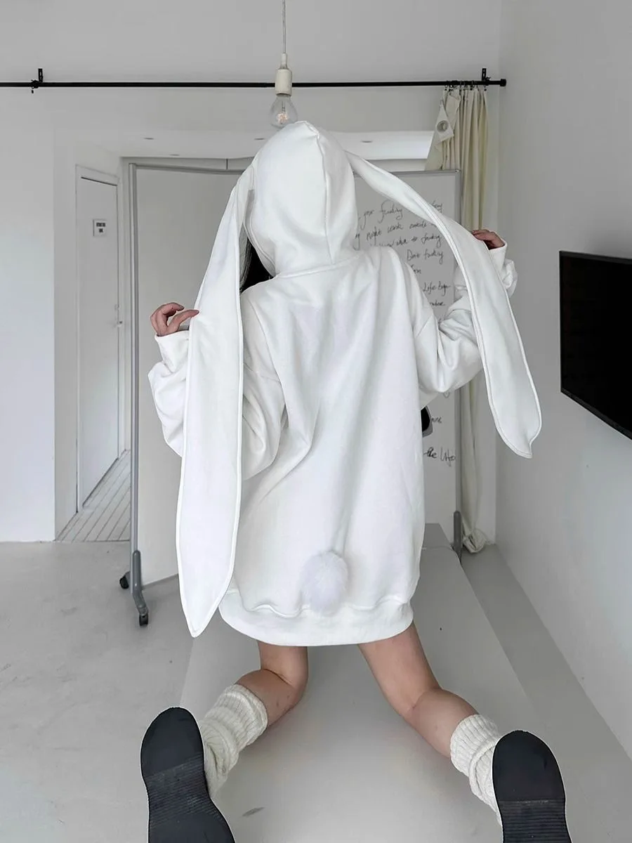 Trendy Purple Rabbit Girl Ear Hooded Sweater with Long Ears for Women Oversize Hoodie Loose Zipper Cardigan Coat Clothes White
