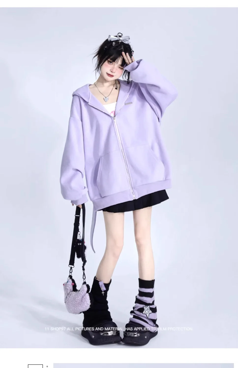 Trendy Purple Rabbit Girl Ear Hooded Sweater with Long Ears for Women Oversize Hoodie Loose Zipper Cardigan Coat Clothes White