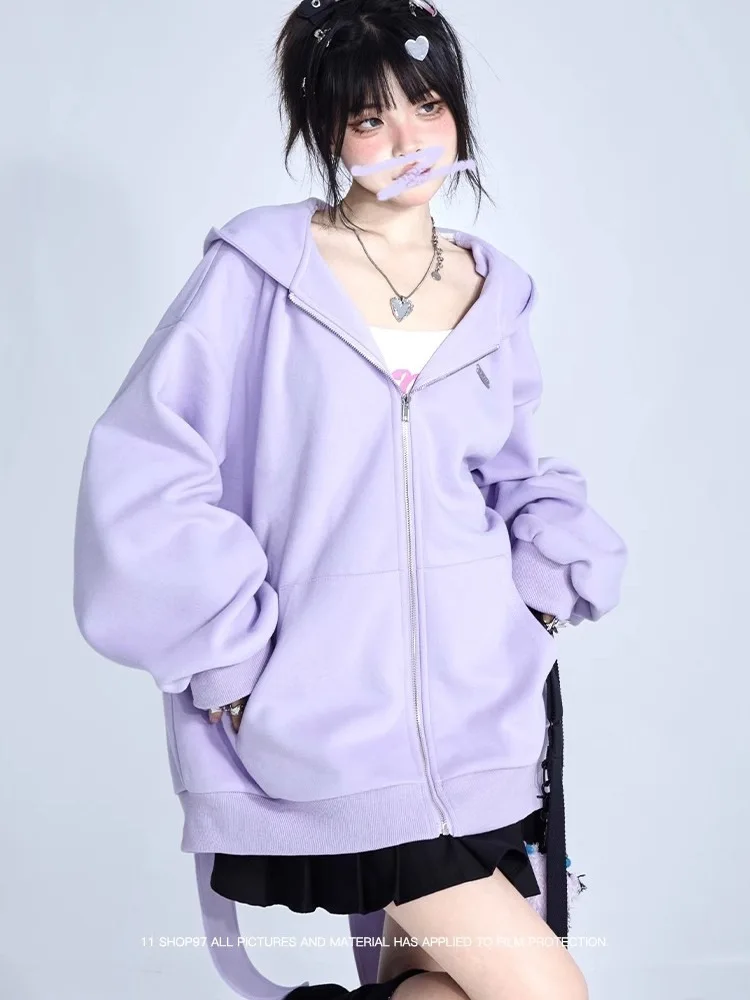 Trendy Purple Rabbit Girl Ear Hooded Sweater with Long Ears for Women Oversize Hoodie Loose Zipper Cardigan Coat Clothes White