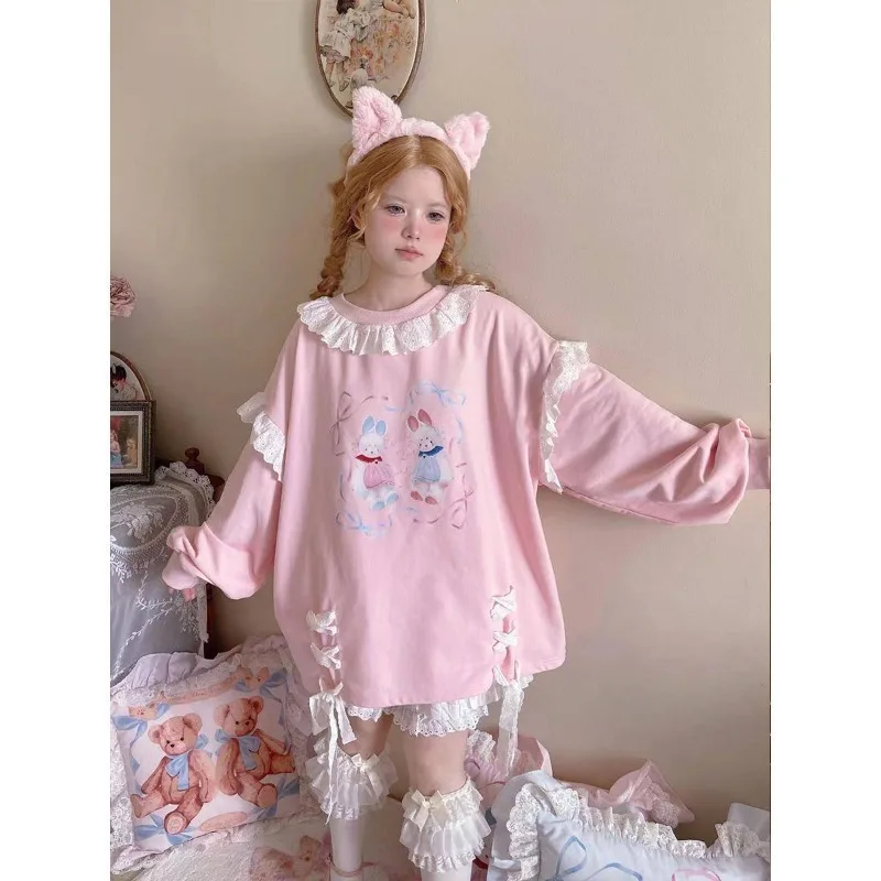 Office Lady Moda Japan O Neck Patchwork Lace Design Loose Pullovers Y2k Aesthetic Cross Lace Up Casual Tops Punk Girl Clothes