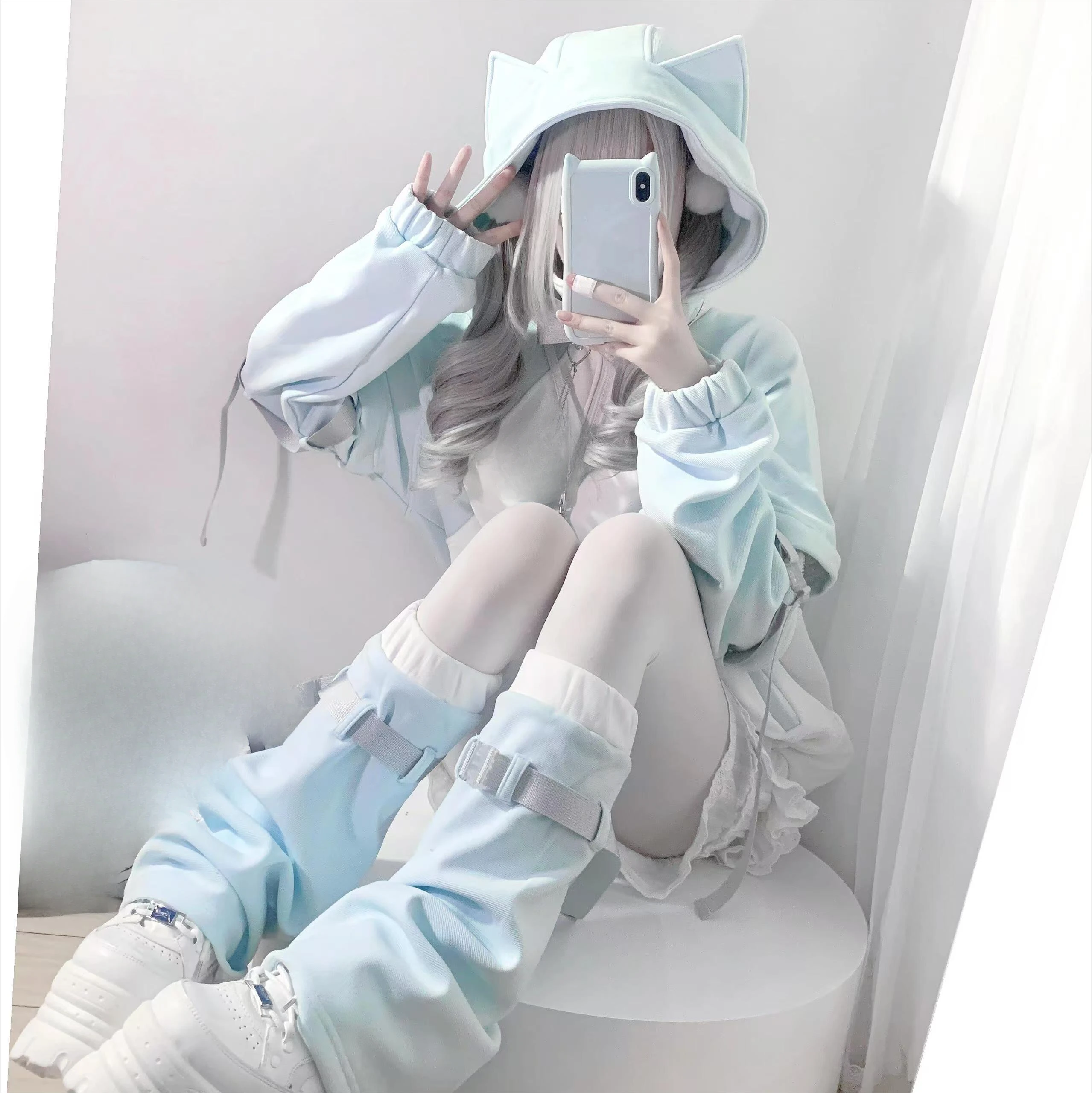 Y2k Japanese Contrast Cat's Ears Hoodies Women Aesthetic Patchwork Grunge Coat Loose Detachable Sleeve Sweatshirt and Leg Warmer