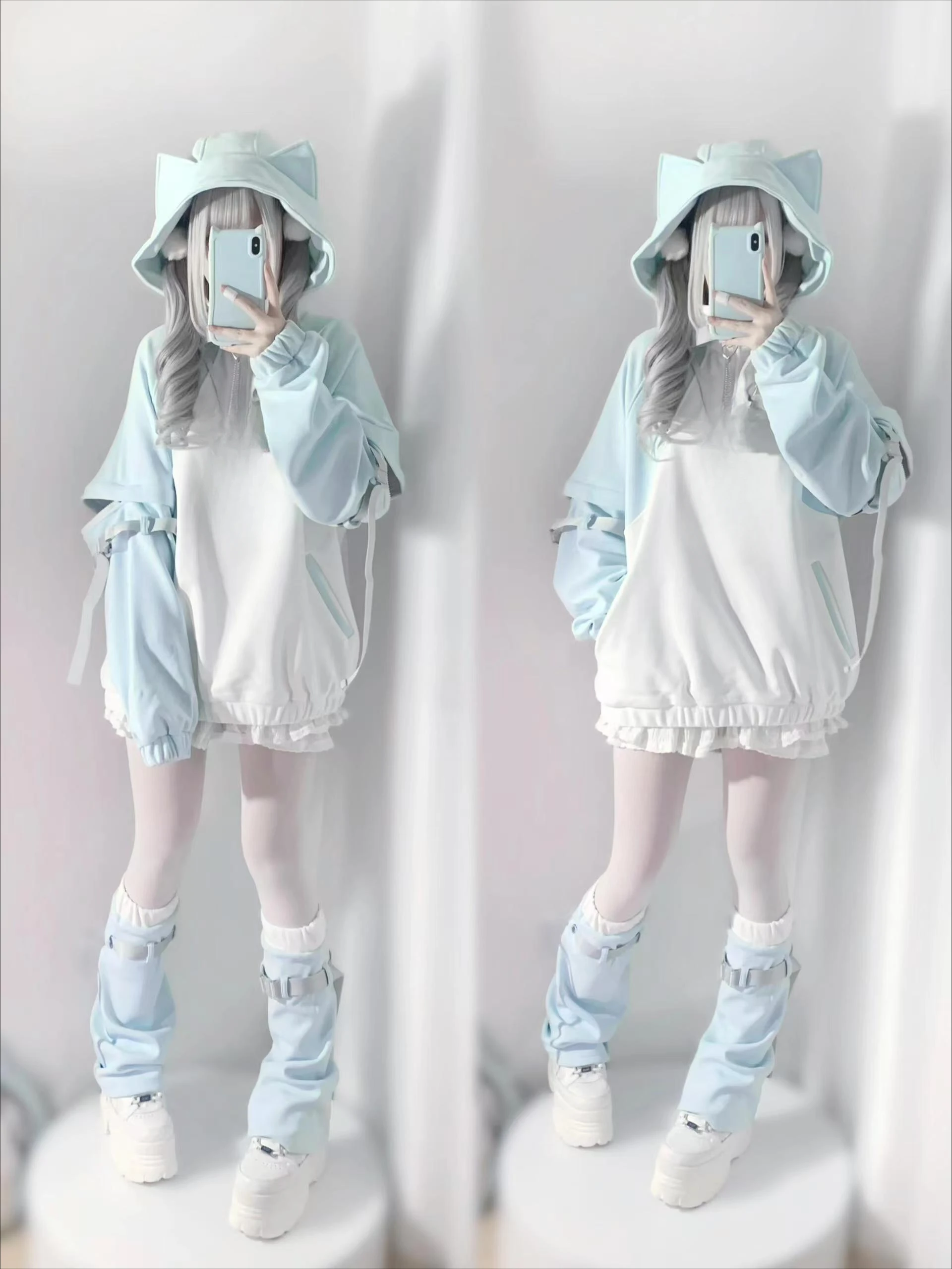 Y2k Japanese Contrast Cat's Ears Hoodies Women Aesthetic Patchwork Grunge Coat Loose Detachable Sleeve Sweatshirt and Leg Warmer