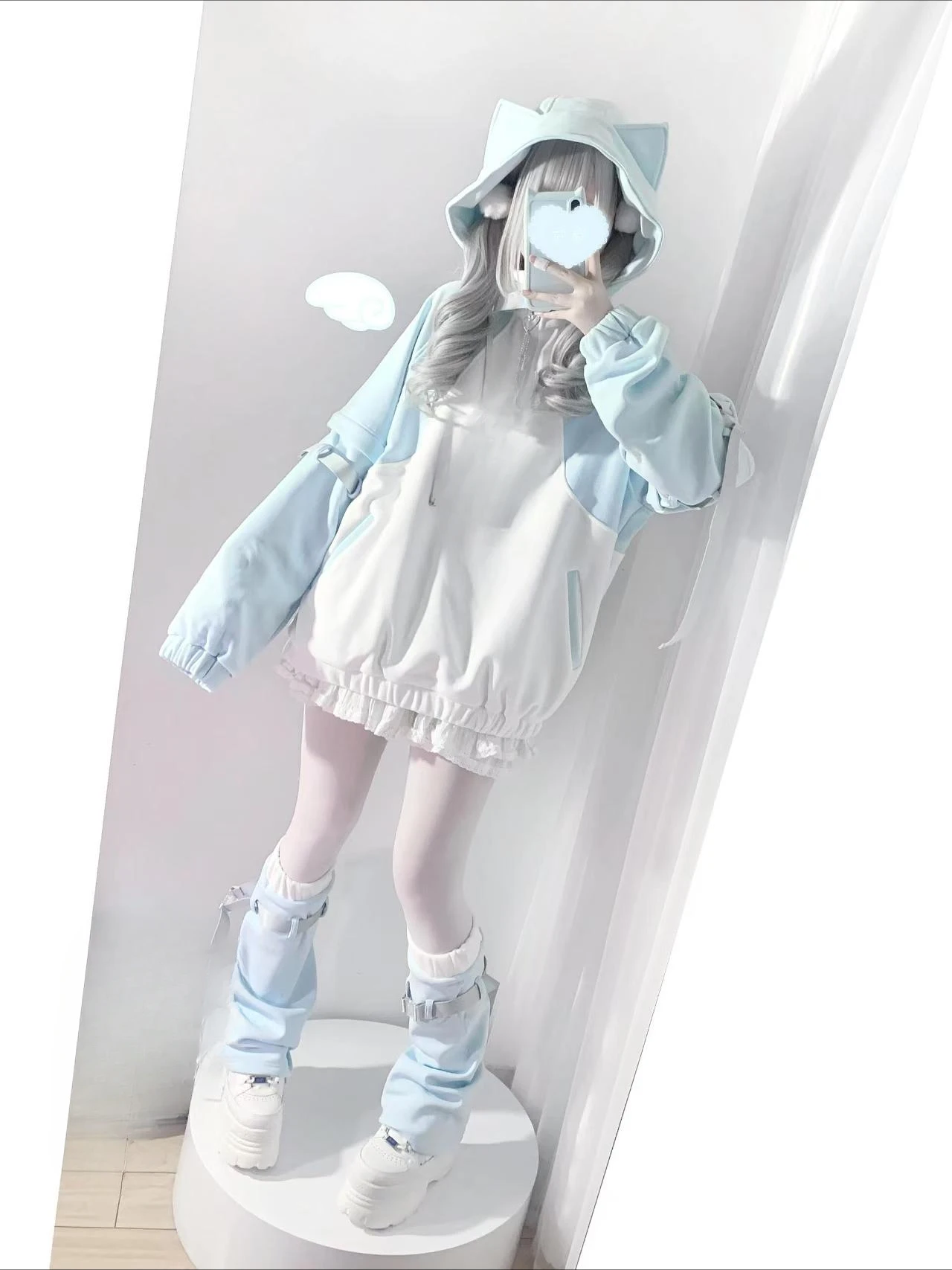 Y2k Japanese Contrast Cat's Ears Hoodies Women Aesthetic Patchwork Grunge Coat Loose Detachable Sleeve Sweatshirt and Leg Warmer