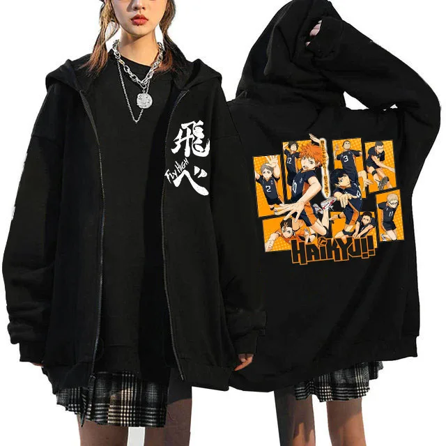 Japanese Anime Haikyuu Graphic Zip Up Hoodies Manga Y2k Gothic Zippper Jackets Sweatshirts Karasuno Fly High Harajuku Streetwear