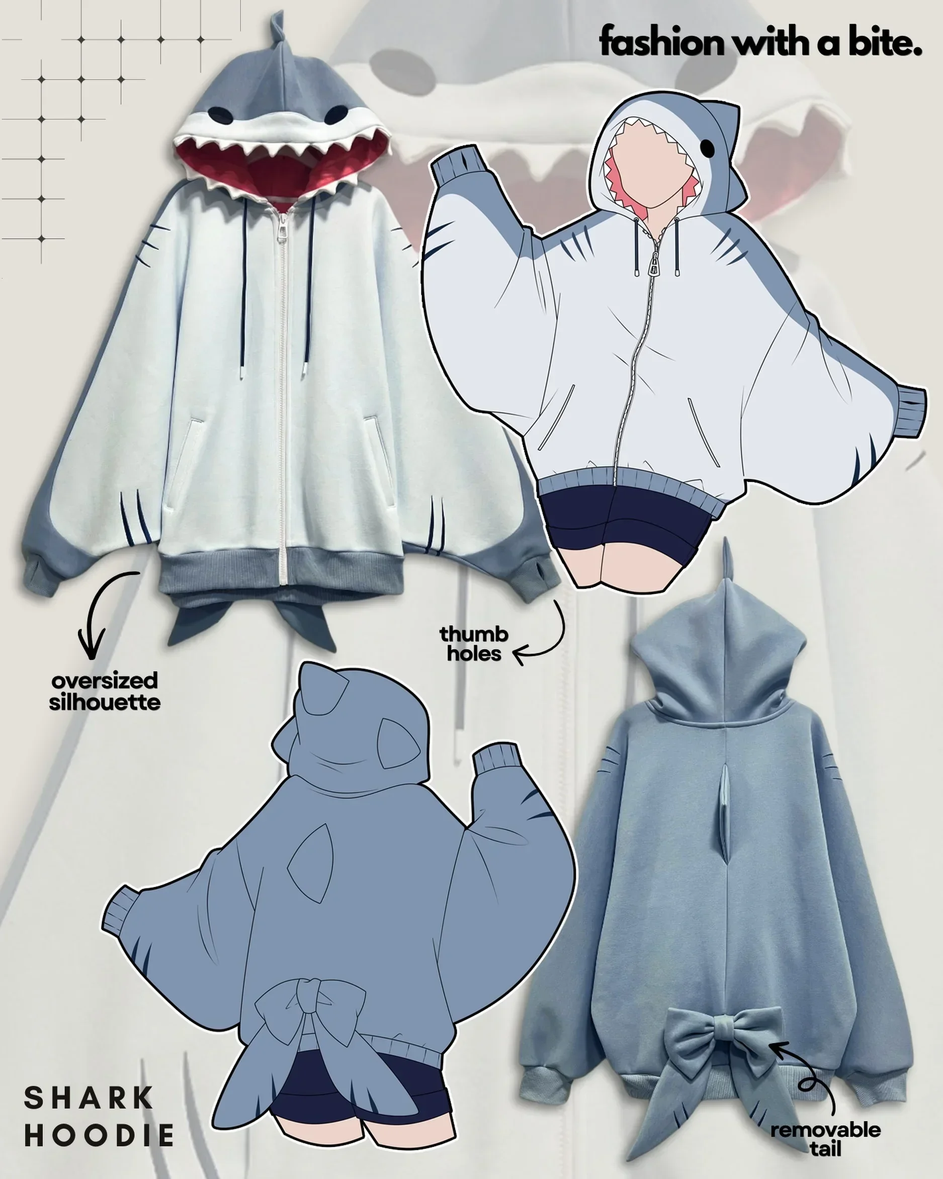 Streetwear Casual Grey Shark Hood Zip Up Hoodie Women Heavy Oversized Tail Thumb Hole Detail Fashion Sweatshirt Top Fit Soft Y2K