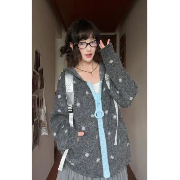 Sweet Y2K Women Hooded Knit Jacket Polka Dot Pattern Color Contrast Large Ring Zipper Loose Long Sleeve Cardigan with Pockets