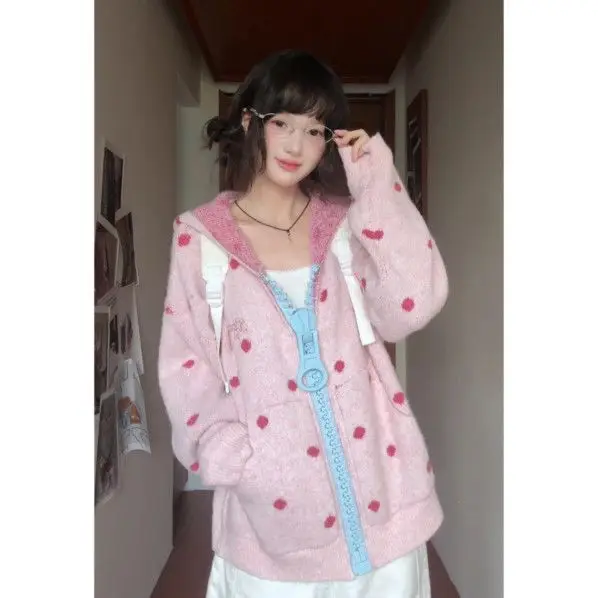 Sweet Y2K Women Hooded Knit Jacket Polka Dot Pattern Color Contrast Large Ring Zipper Loose Long Sleeve Cardigan with Pockets