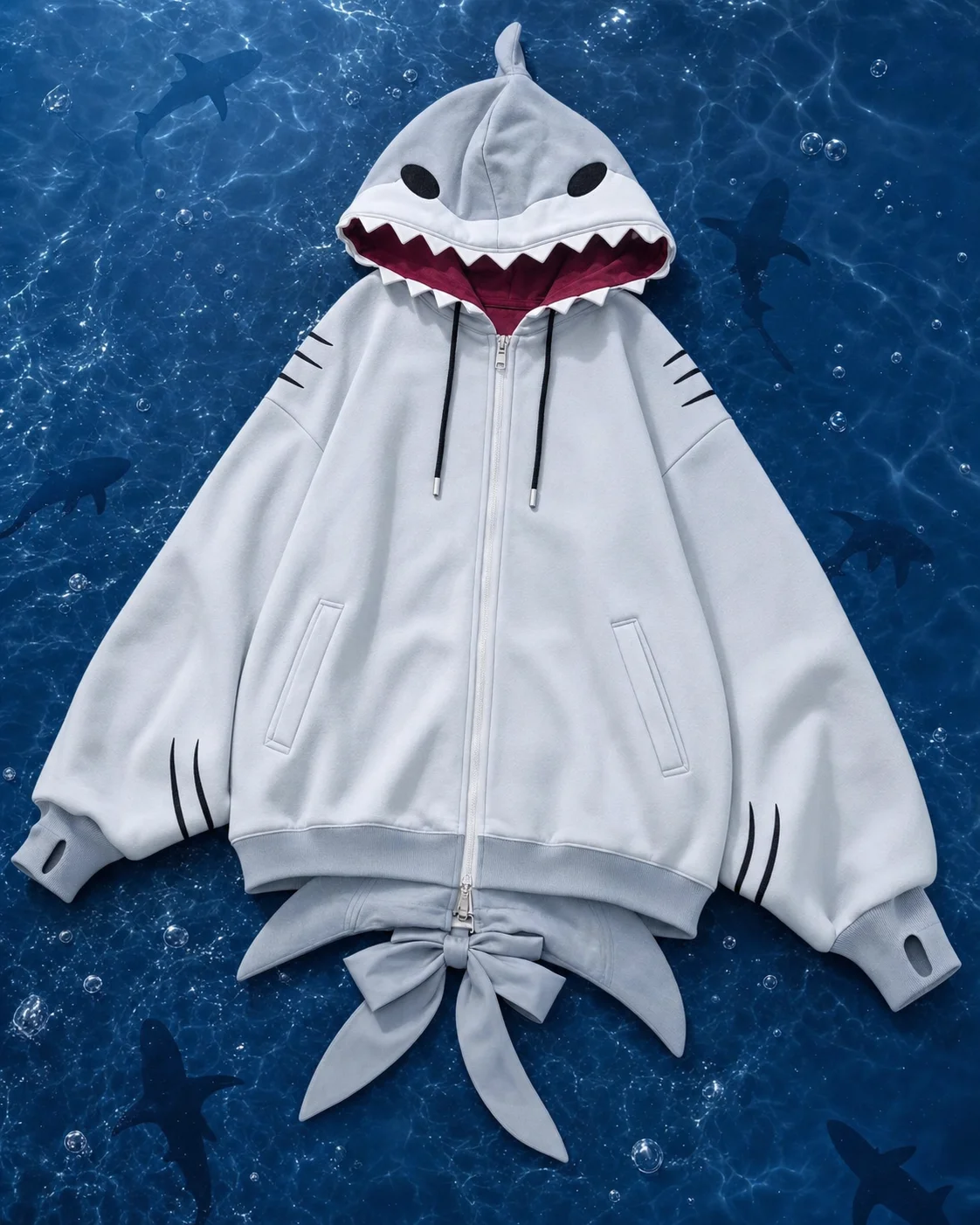 Womens Grey Shark Hood Zip Up Hoodie Oversized Heavy Tail Thumb Hole Detail Streetwear Casual Fashion Sweatshirt Top Fit Soft