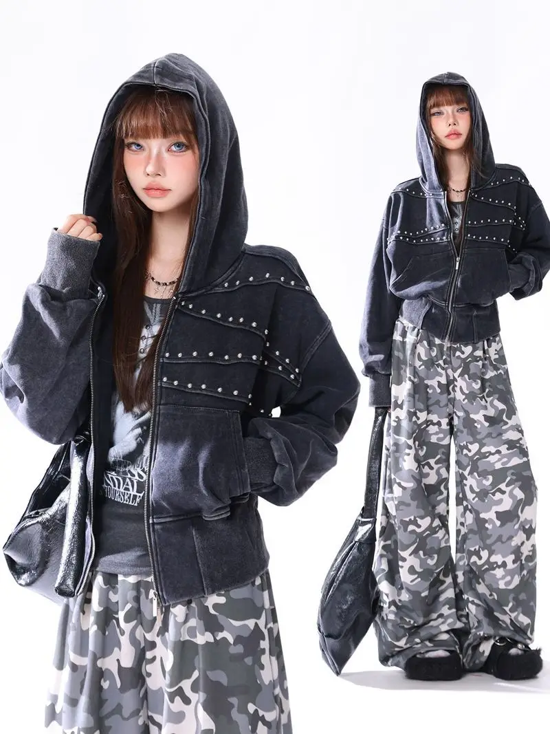 American Y2K retro washed distressed rivet zipper jacket for women autumn short hooded sweatshirt for men