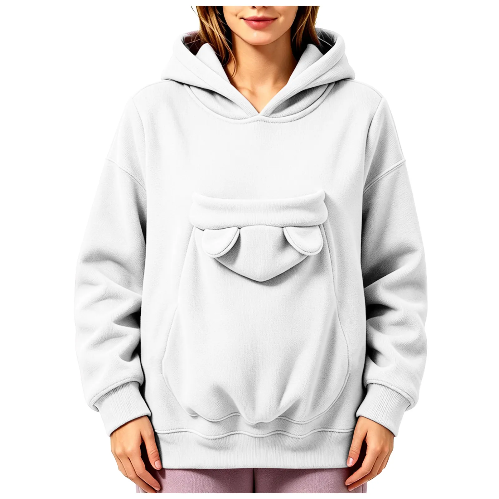 Pet Pouch Hoodies Women Oversize Sweatshirt With Hooded Kangaroo Pocket Funny Solid Color Loose Long Sleeve Pullover For Dog Cat